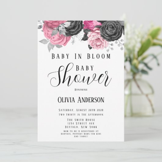 Luxe roze zwarte Baby in Bloom Baby shower Invita Kaart (Staand voorkant)