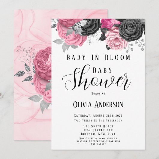 Luxe roze zwarte Baby in Bloom Baby shower Invita Kaart (Voorkant / Achterkant)