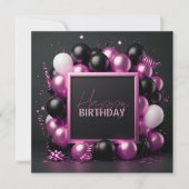Luxe Roze Zwarte Ballonnen Streamers Verjaardag Kaart (Voorkant)
