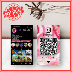 LUXE Roze & Zwarte Instagram Marmer Agate QR Visitekaartje