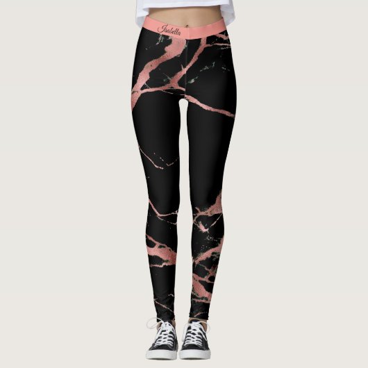 Luxe roze zwarte marmer Voeg tekst toe Leggings (Voorkant)