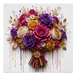 Luxe rozenkunst met goud en kleurrijke druppels perfect poster