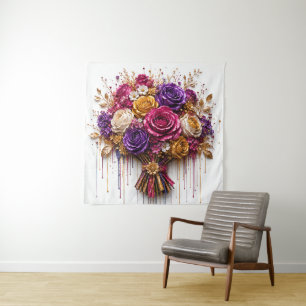 Luxe rozenkunst met goud en kleurrijke druppels wandkleed