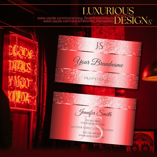 Luxe Ruby Red Sparkle Glitter en Monogram Noble Visitekaartje