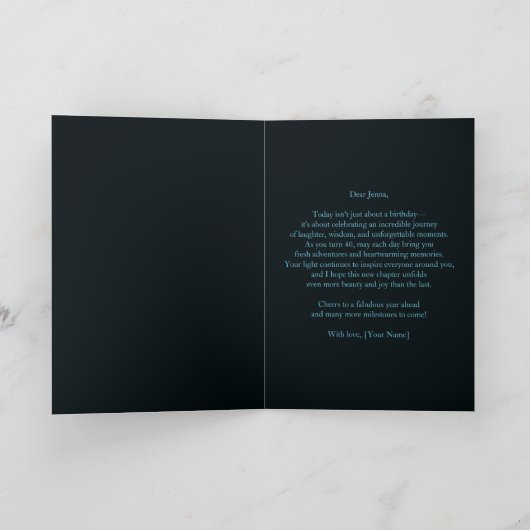 Luxe saffier blauw en zwart 40e verjaardag kaart (Binnen)