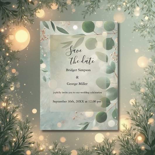 luxe Sage Green Eucalyptus Wedding veilig de datum Kaart