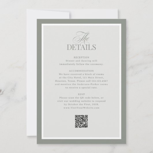 Luxe Sage Green met RSVP QR-code | Bruiloft Kaart (Achterkant)