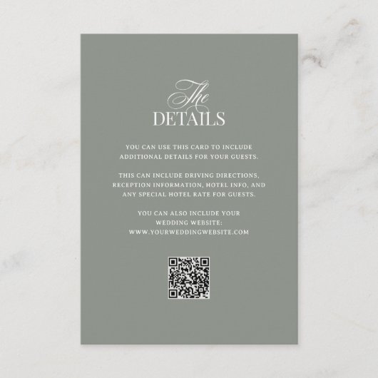 Luxe Sage Green | QR Code Wedding Guest Details Informatiekaartje (Voorkant)