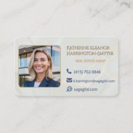 Luxe Salie & Goud Marmer Makelaar Foto QR-ontwerp Visitekaartje