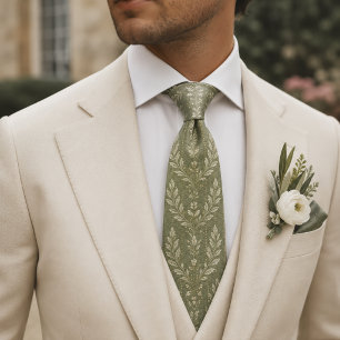 Luxe Saliegroene Botanische Ivoren Laurier Jacquar Stropdas