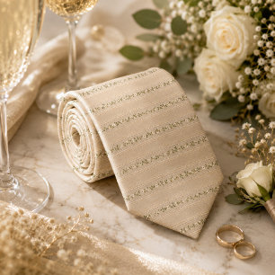 Luxe saliegroene botanische streep champagne linne stropdas