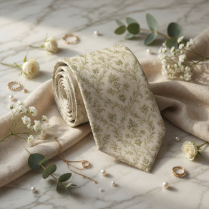 Luxe Saliegroene Toile de Jouy Bloemrijke Jacquard Stropdas