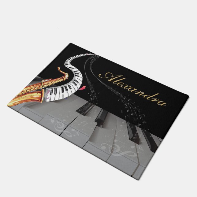 Luxe saxofoon piano muzieknoot gepersonaliseerd deurmat (Schuin)
