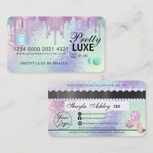 Luxe schoonheidsdruppel Holographic Credit Style B Visitekaartje (Voorkant / Achterkant)