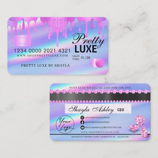 Luxe schoonheidsdruppel Holographic Credit Style B Visitekaartje (Voorkant / Achterkant)