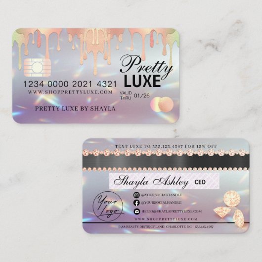 Luxe schoonheidsdruppel Holographic Credit Style B Visitekaartje (Voorkant / Achterkant)