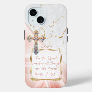 Luxe Schrift Roze Satijn Goud Marmer Kruis iPhone 15 Case
