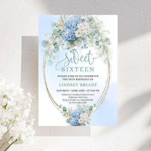 Luxe Script Blauwe Hortensia's Sweet Sixteen Uitno Kaart