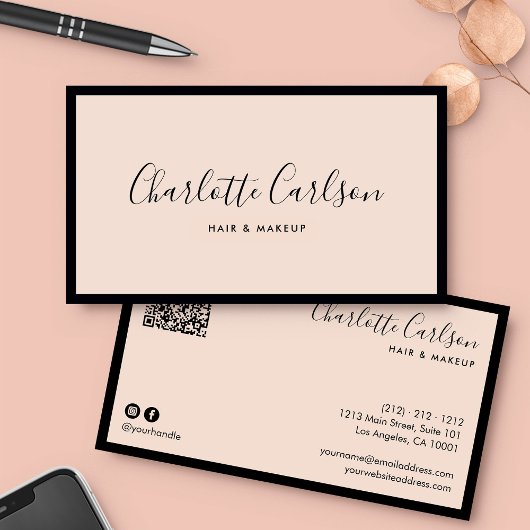 Luxe Script Blush Pink QR Code Social Media Icon Visitekaartje