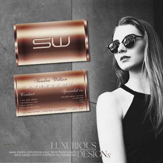 Luxe Shimmery Roos Golden Faux 3D Monogram Visitekaartje