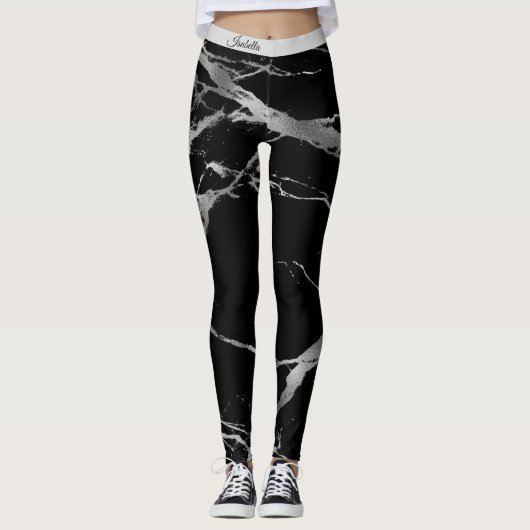 Luxe Silver Black Marmer Voeg tekst toe Leggings (Voorkant)