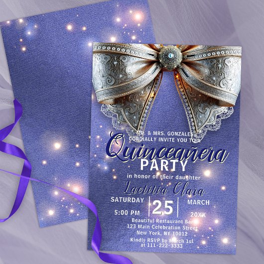 Luxe  Silver Bow op Paarse Quinceañera Kaart