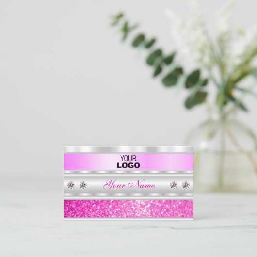 Luxe Silver en Roze mousserende glitter met Logo Visitekaartje (Staand voorkant)