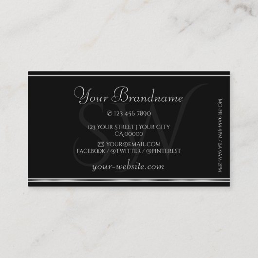 Luxe Silver Glitter Initialen Black Silvery Edge Visitekaartje (Achterkant)