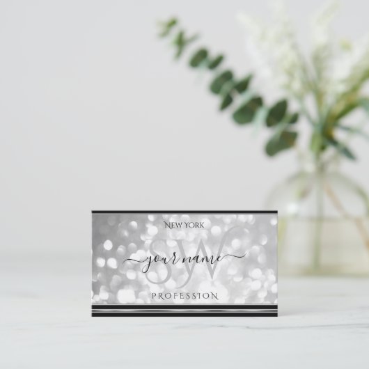 Luxe Silver Glitter Initialen Black Silvery Edge Visitekaartje (Staand voorkant)