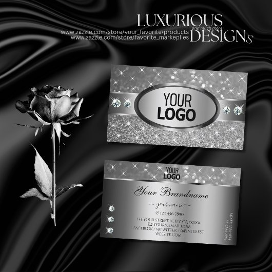 Luxe Silver Glitter Stars Diamonds toevoegen Logo  Visitekaartje