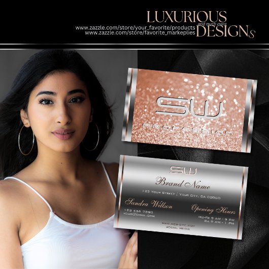 Luxe Silver Roos Gold Sparkle Glitter Monogram Visitekaartje