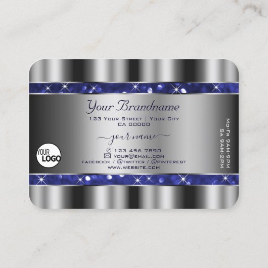 Luxe Silver Royal Blue Sparkle Glitter toevoegen L Visitekaartje (Achterkant)