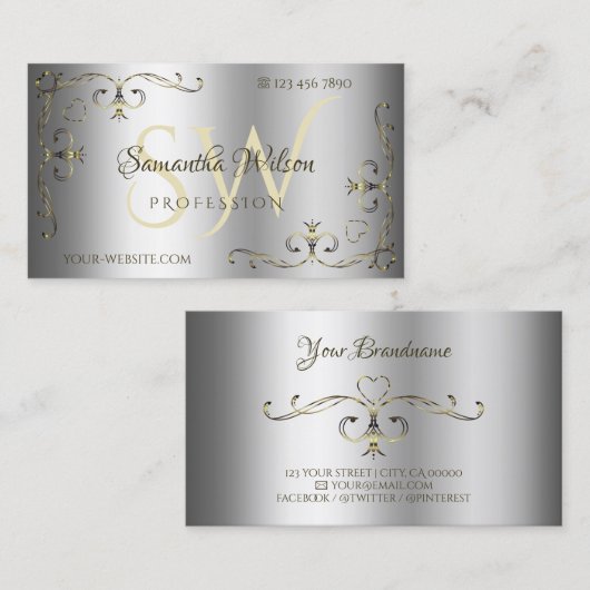 Luxe Silver Shimmer Gold  Corners Initialen Visitekaartje (Voorkant / Achterkant)
