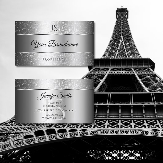 Luxe Silver Sparkle Glitter Sterren en Initialen Visitekaartje