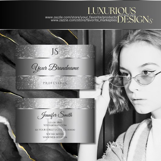 Luxe Silver Sparkle Glitter Sterren en Initialen Visitekaartje
