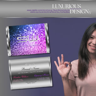 Luxe Silver Sparkle Roze Paarse Glitter Initialen Visitekaartje