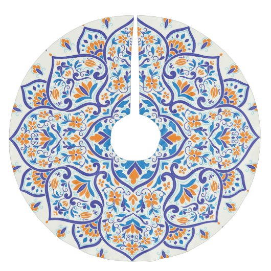 Luxe Sinaasappel Blauw Ornament Patroon Kerstboom Rok (Voorkant)
