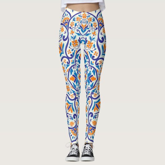 Luxe Sinaasappel Blauw Ornament Patroon Leggings (Voorkant)