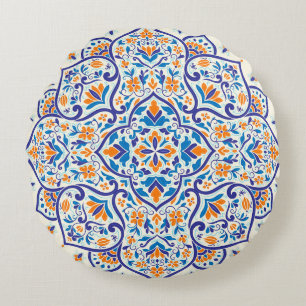 Luxe Sinaasappel Blauw Ornament Patroon Rond Kussen