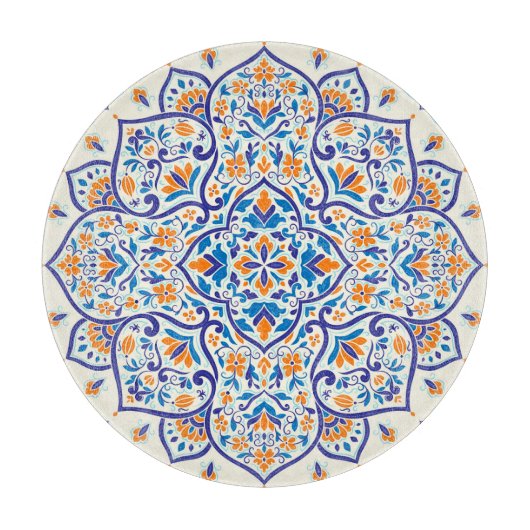 Luxe Sinaasappel Blauw Ornament Patroon Snijplank (Voorkant)