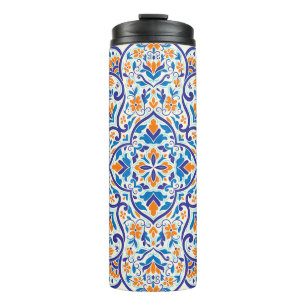 Luxe Sinaasappel Blauw Ornament Patroon Thermosbeker