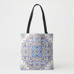 Luxe Sinaasappel Blauw Ornament Patroon Tote Bag