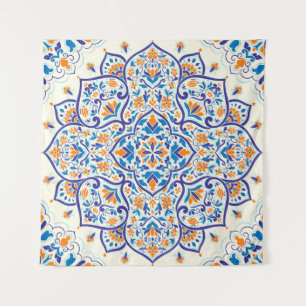 Luxe Sinaasappel Blauw Ornament Patroon Wandkleed