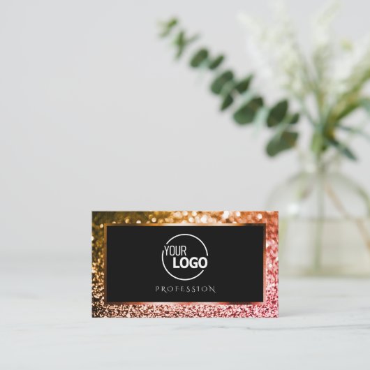 Luxe Sinaasappel Roze Ombre Glitter Zwart met Logo Visitekaartje (Staand voorkant)