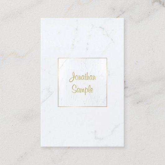 Luxe Sjabloon Elegant White Marble Gold Script Visitekaartje (Voorkant)