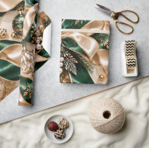 Luxe Smaragd Gouden Kerstlinten Cadeaupapier