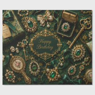 Luxe Smaragd Vintage Verjaardag Cadeaupapier
