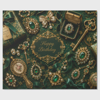 Luxe Smaragd Vintage Verjaardag Cadeaupapier