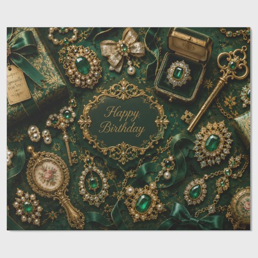 Luxe Smaragd Vintage Verjaardag Cadeaupapier (Vlak)