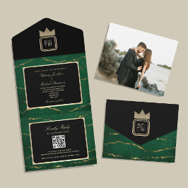 Luxe Smaragd Zwart Goud Monogram Foto Bruiloft All In One Uitnodiging